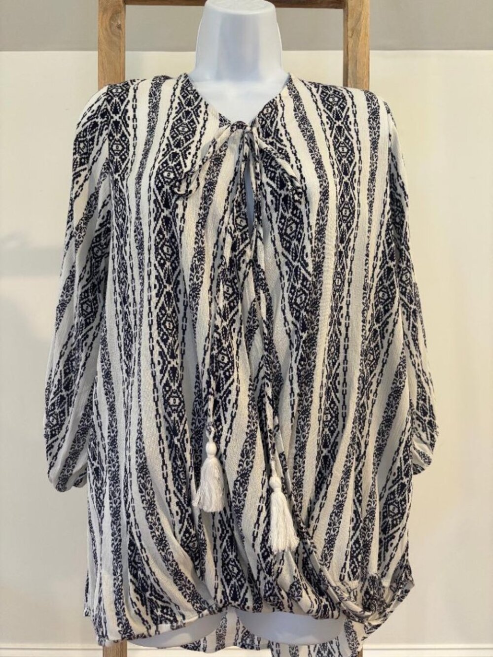 NWT Lilian Navy White Tribal Stripe Faux Wrap Blouse 3X